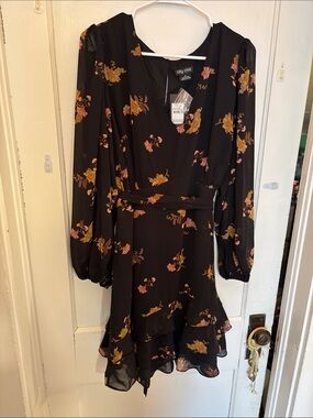 City Chic Black Floral Wrap Dress with Mustard and Dusty Pink Accents